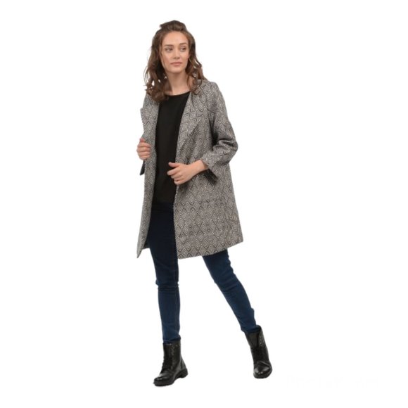 H&M White Black Patterned Coat Size 2 Fall Autumn Spring - Picture 3 of 11